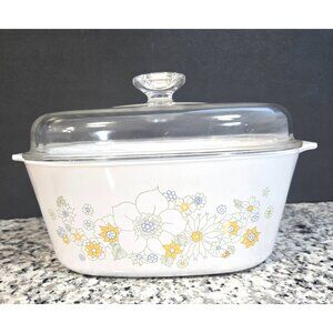 Vintage Corningware Pyroceram Ceramic 4 Qt Floral Bouquet Dish with Clear Lid